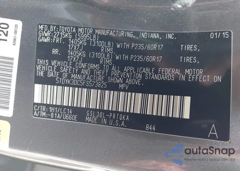 2015 Toyota Sienna Xle 8 Passenger z USA, uszkodzony, nr VIN 5TDYK3DC5FS573825